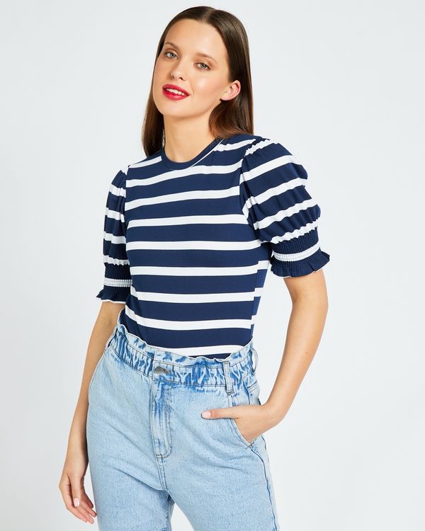 Dunnes Stores | Navy Savida Stripe Puff Sleeve T-Shirt