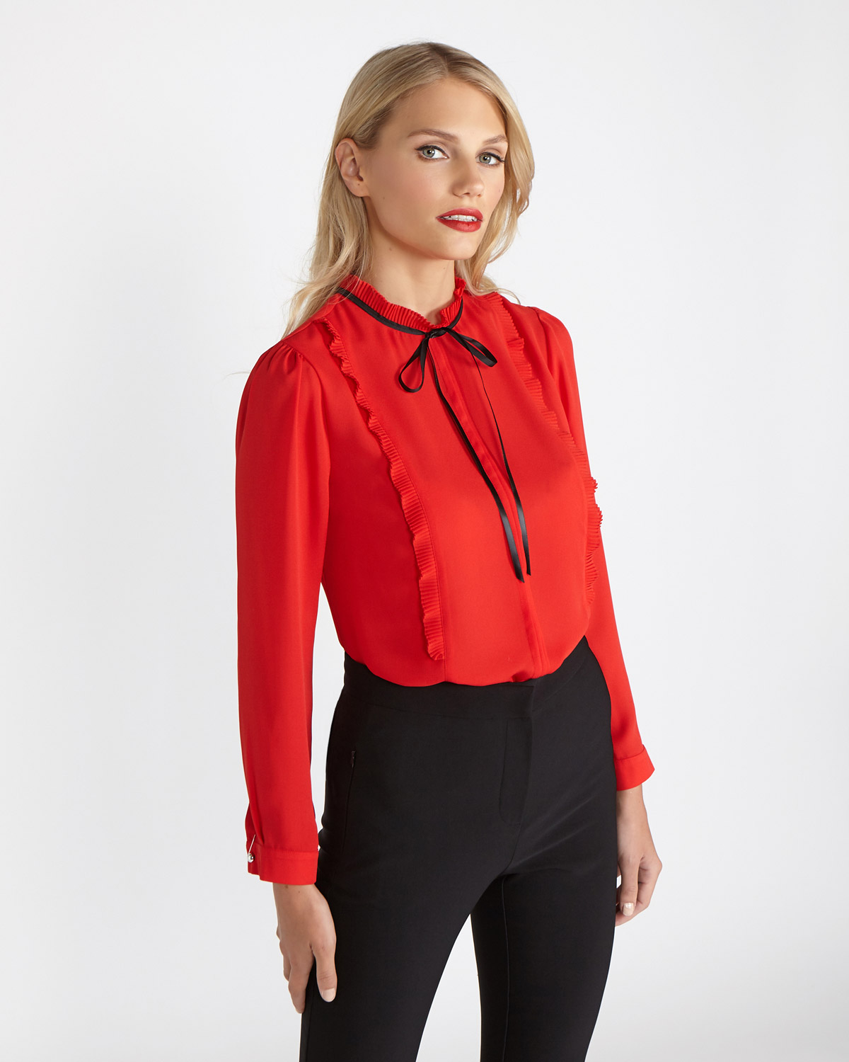 Dunnes Stores | Red Savida Tie Neck Frill Blouse