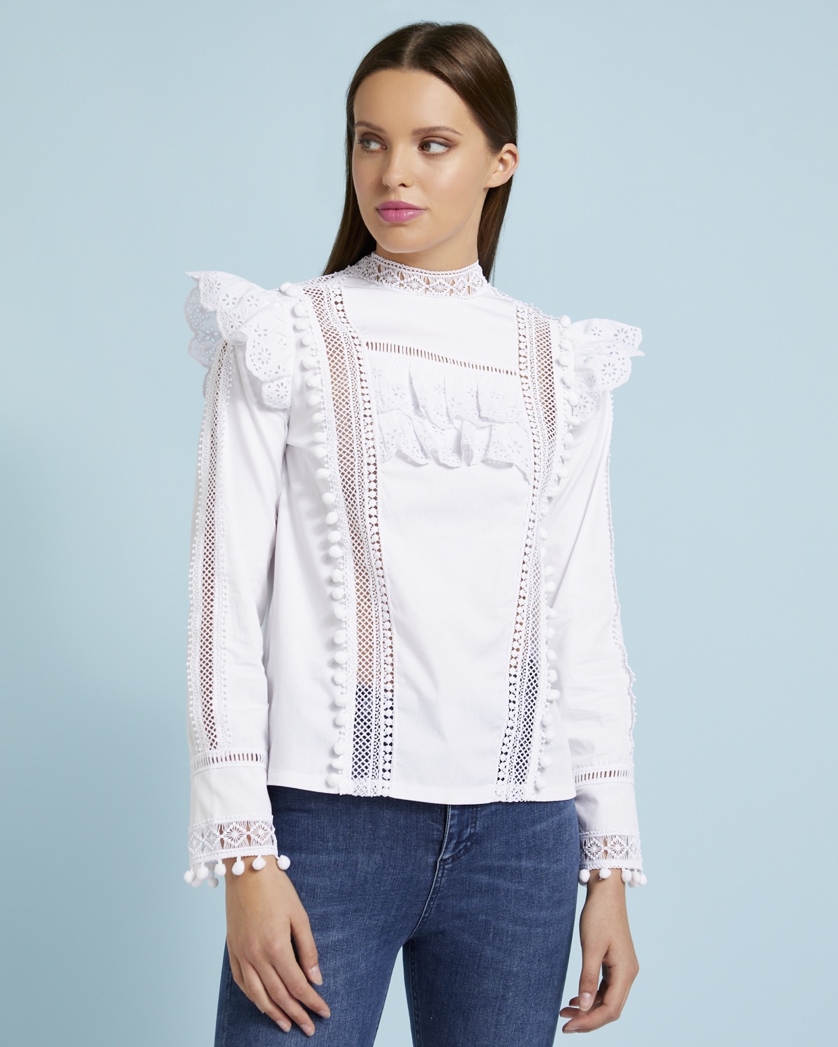 Dunnes Stores | Optic-whit Savida Pom Pom Blouse With Lace