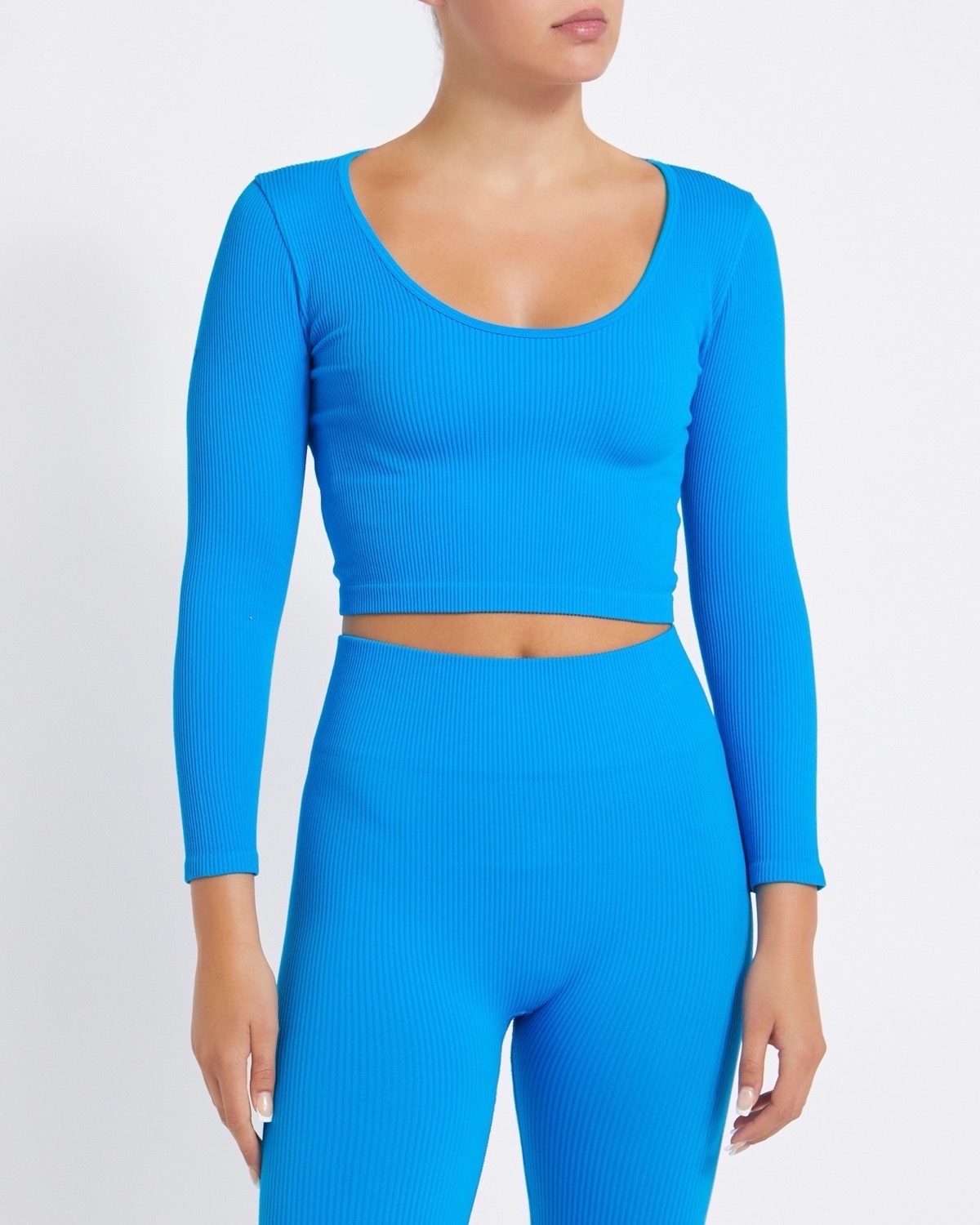 Dunnes Stores  Blue Seamless Long-Sleeved Rib Scoop Neck Crop