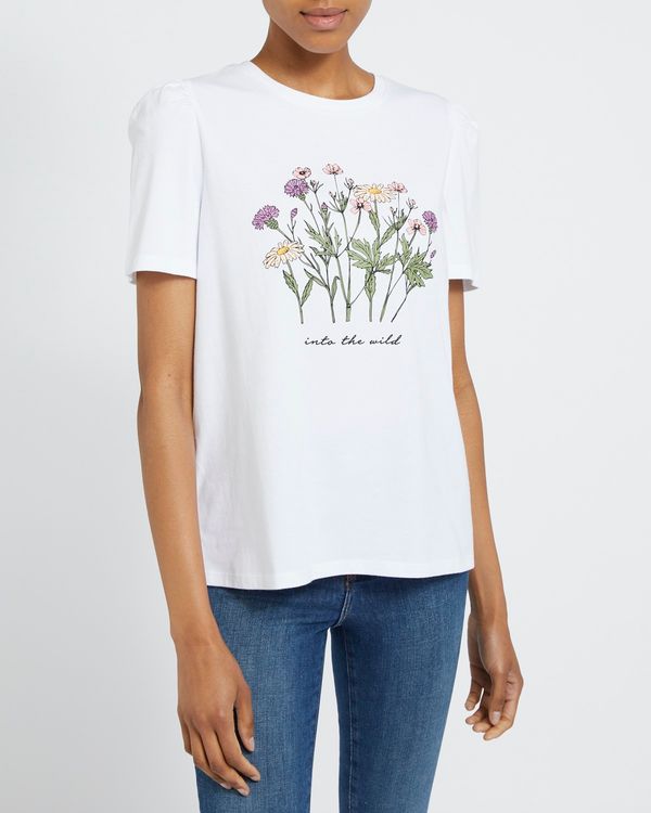 Dunnes Stores | White Puff Sleeve Floral Print T-Shirt