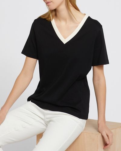 Short Sleeved Contrast Cotton V-Neck T-Shirt