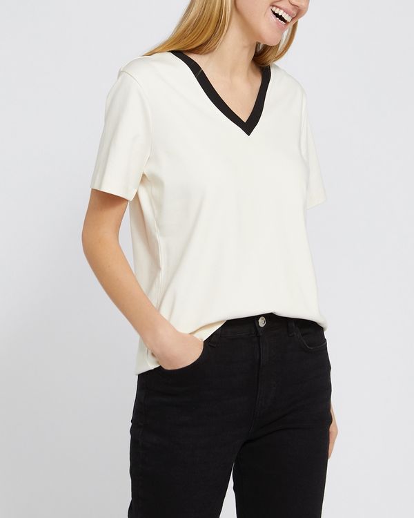 Short Sleeved Contrast Cotton V-Neck T-Shirt