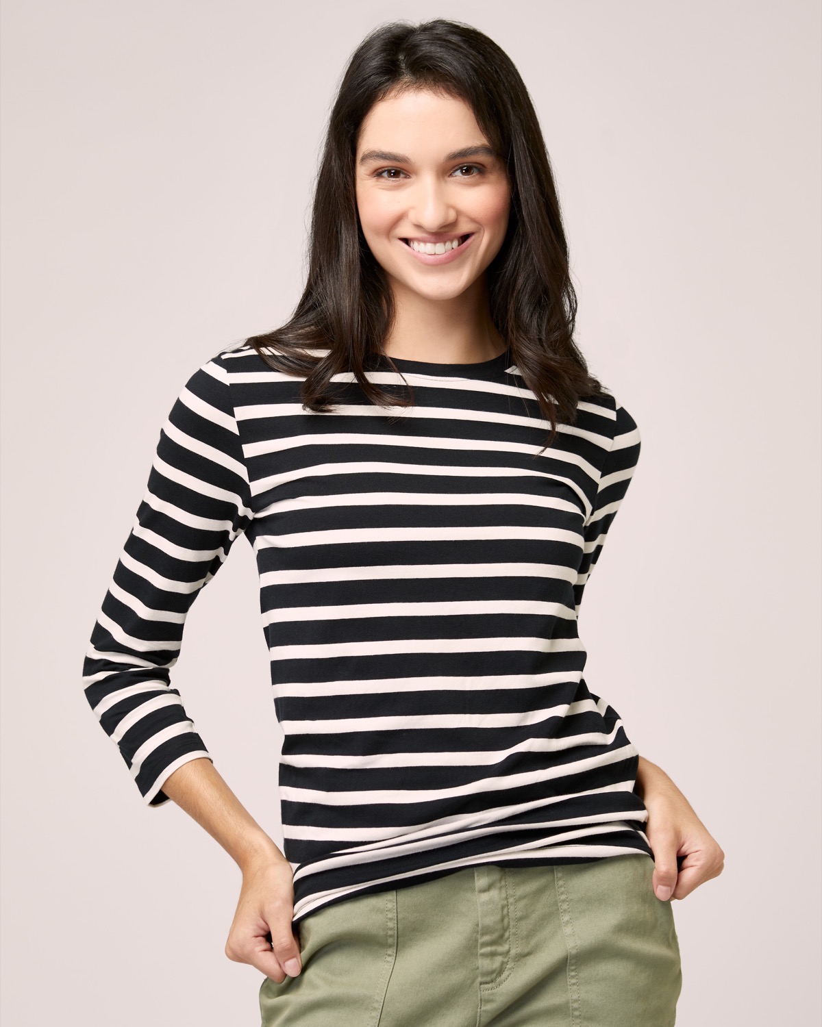 Dunnes Stores | Black-white Three-Quarter Sleeve Stripe Stretch Top
