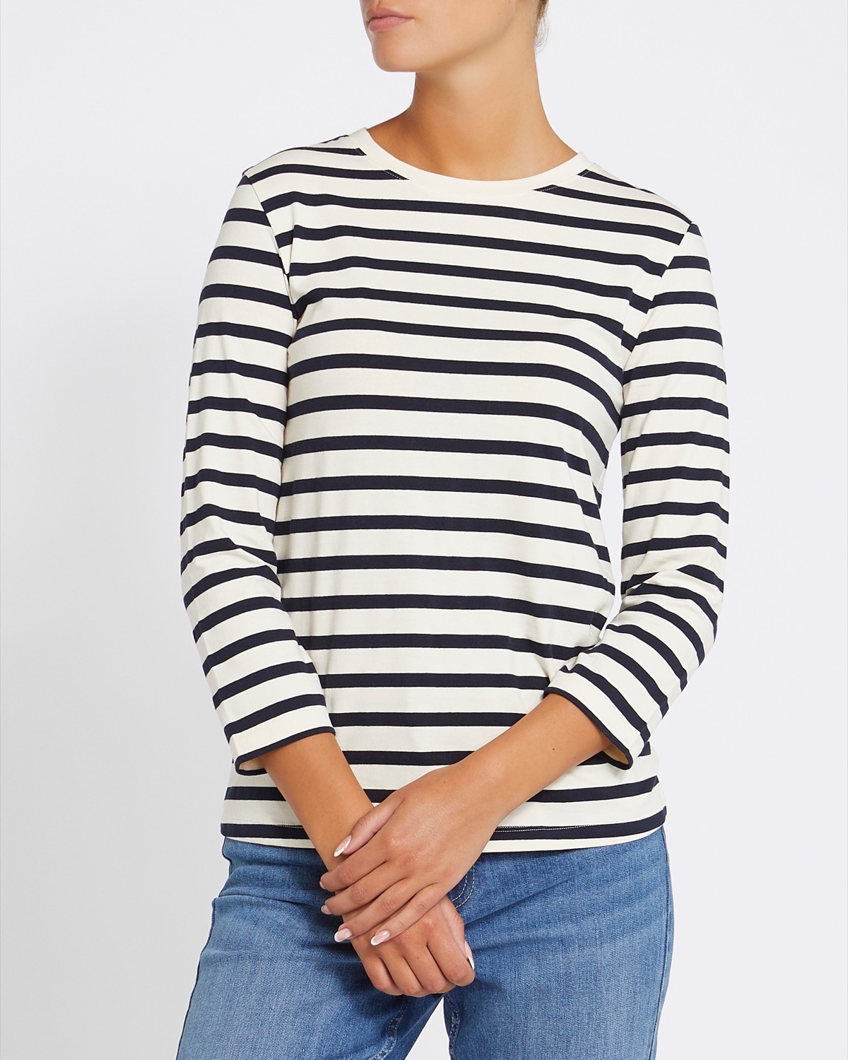Dunnes Stores | Navy-white Three-Quarter Sleeve Stripe Stretch Top