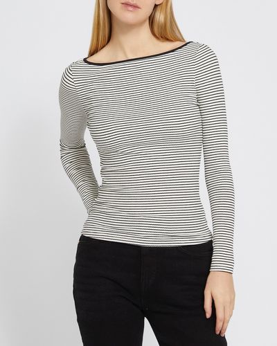 Long-Sleeved Striped Ribbed Boat Neck Top