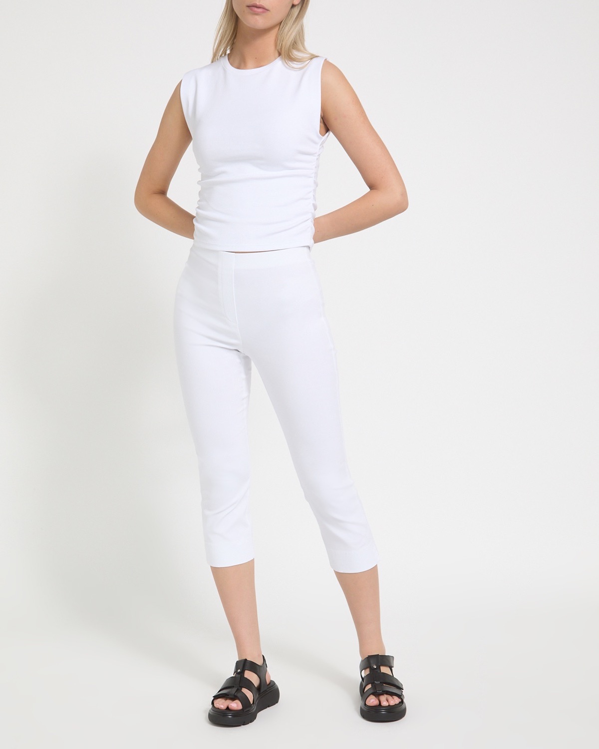 Beige Soft Stretch Cotton Blend Straight Leg Cropped Trousers By Bariloche  At Walk In Style