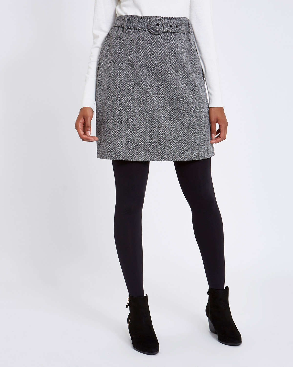 Dunnes Stores | Grey Belted Twill Herringbone Skirt