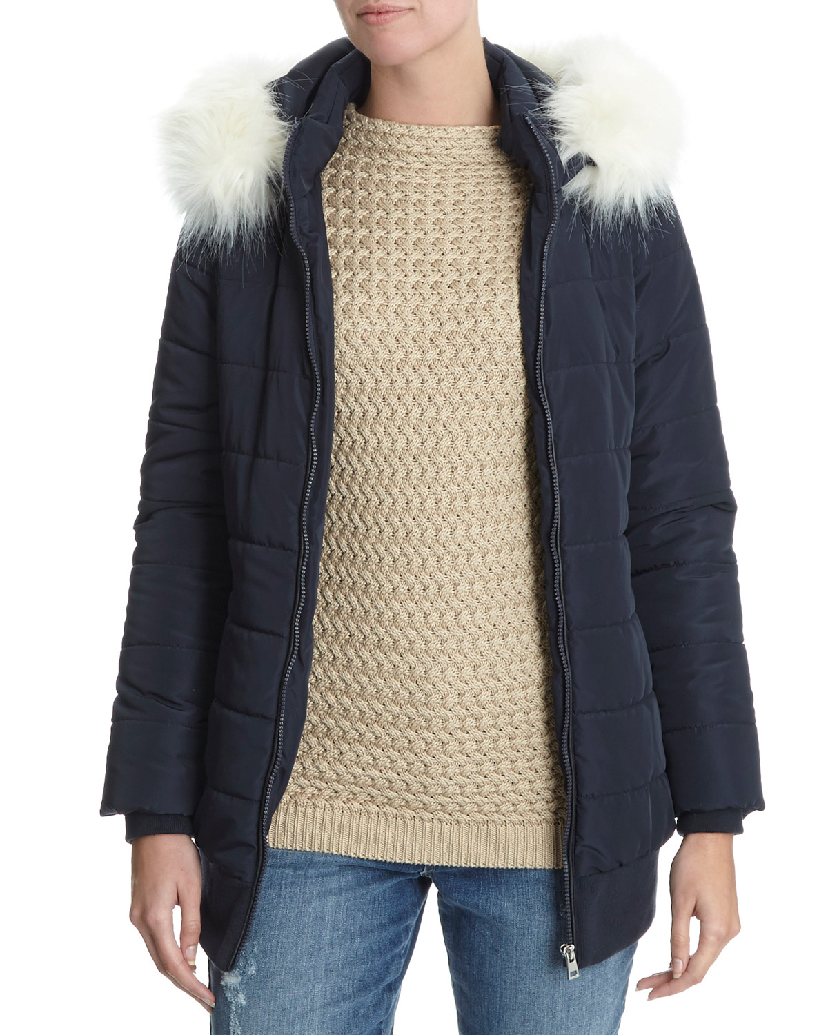Dunnes Stores | Navy Faux Fur Hooded Bomber Jacket