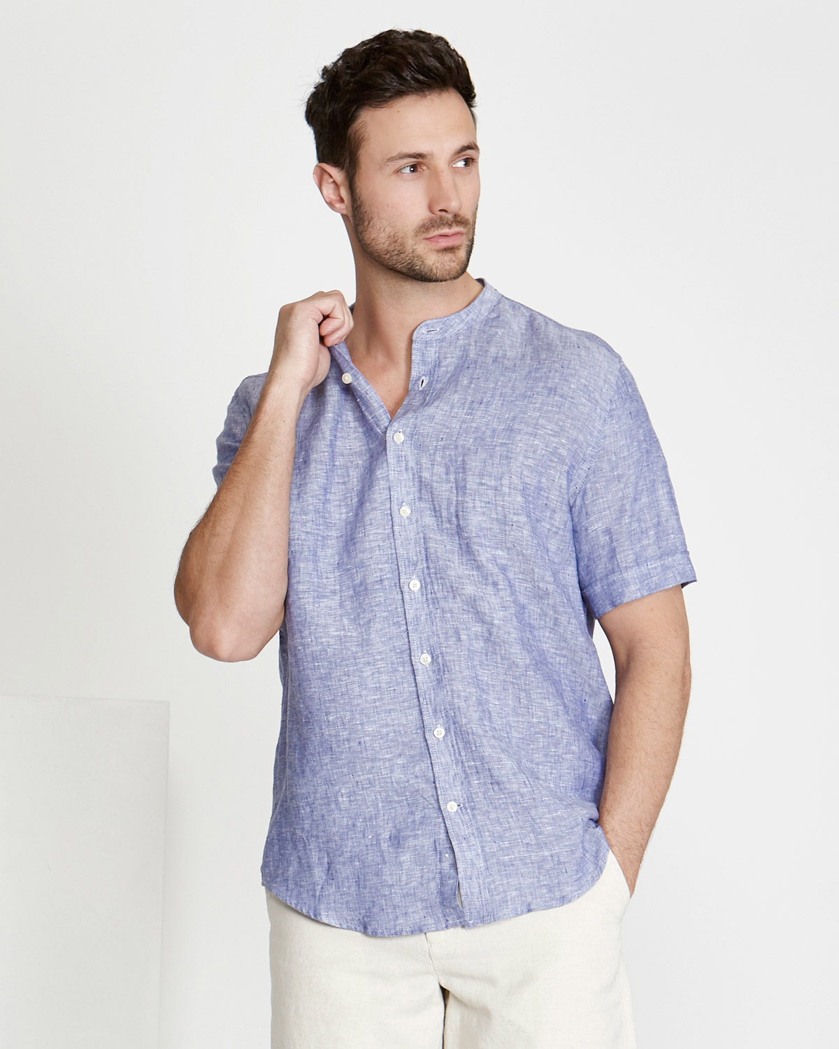 Dunnes Stores | Blue Paul Costelloe Living Regular Fit Grandad Linen Shirt