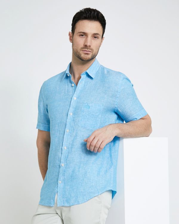 Paul Costelloe Living Regular Fit Blue Short-Sleeved Linen Shirt