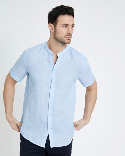Paul Costelloe Living Regular Fit Blue Short-Sleeved Grandad Linen Shirt thumbnail