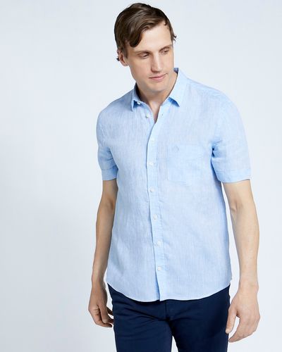 Paul Costelloe Living Regular Fit Blue Short Sleeve 100% Linen Shirt thumbnail