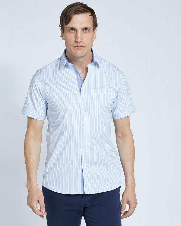 Paul Costelloe Living Slim Fit Aqua Stripe Short Sleeve Oxford Shirt