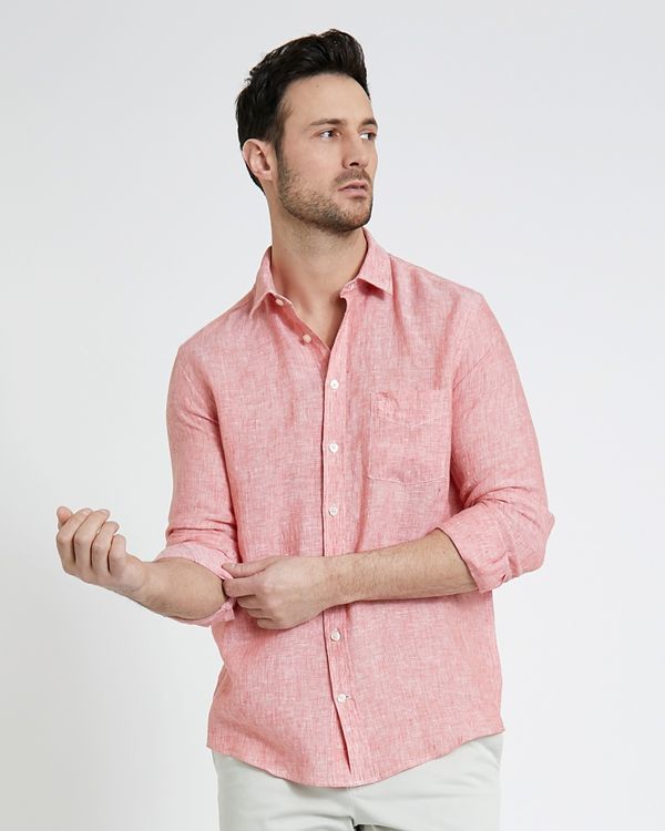 Paul Costelloe Living Regular Fit Coral Long-Sleeved Linen Shirt