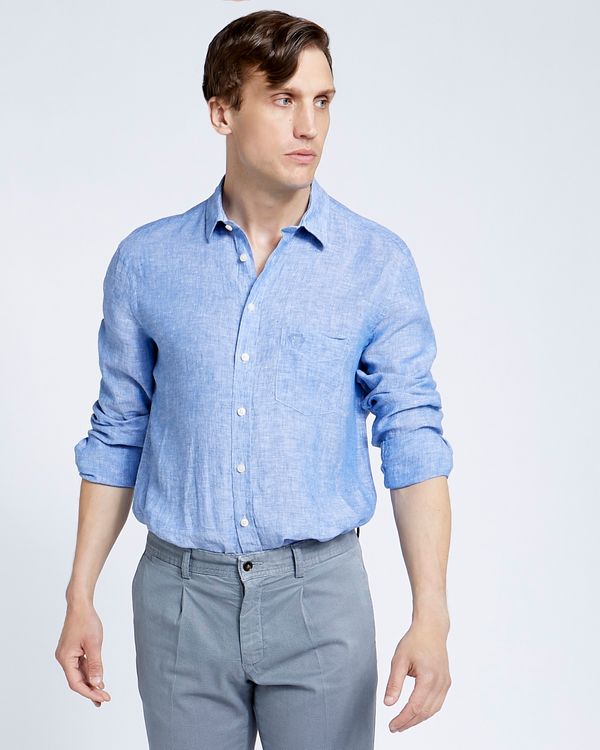 Paul Costelloe Living Regular Fit Blue Long Sleeve 100% Linen Shirt