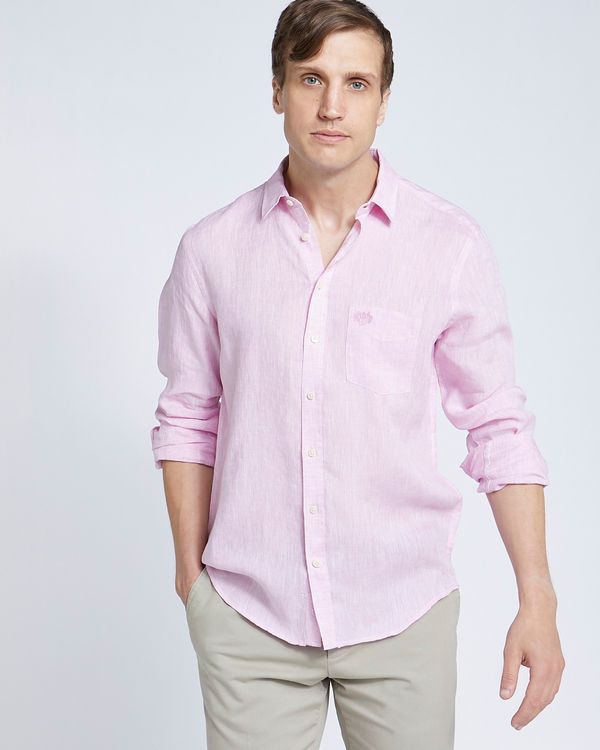 Paul Costelloe Living Regular Fit Pink Long Sleeve 100% Linen Shirt