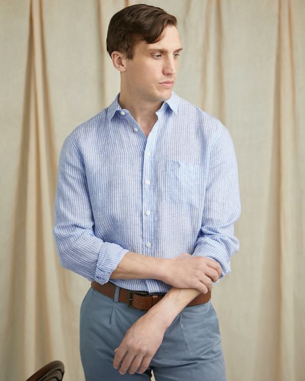 Paul Costelloe Living Regular Fit Navy Stripe Long Sleeve 100% Linen Shirt