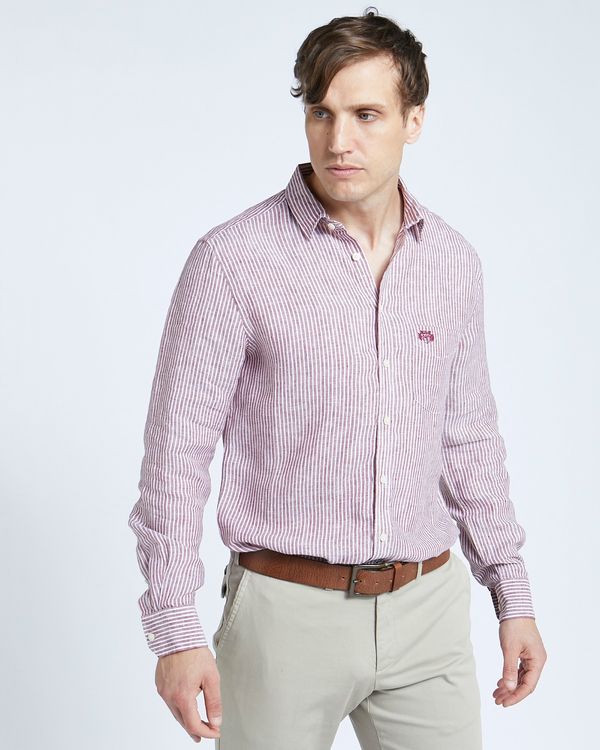 Paul Costelloe Living Regular Fit Rust Stripe Long Sleeve 100% Linen Shirt