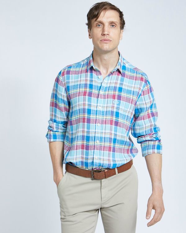 Paul Costelloe Living Regular Fit Blue Check Long Sleeved 100% Linen Shirt