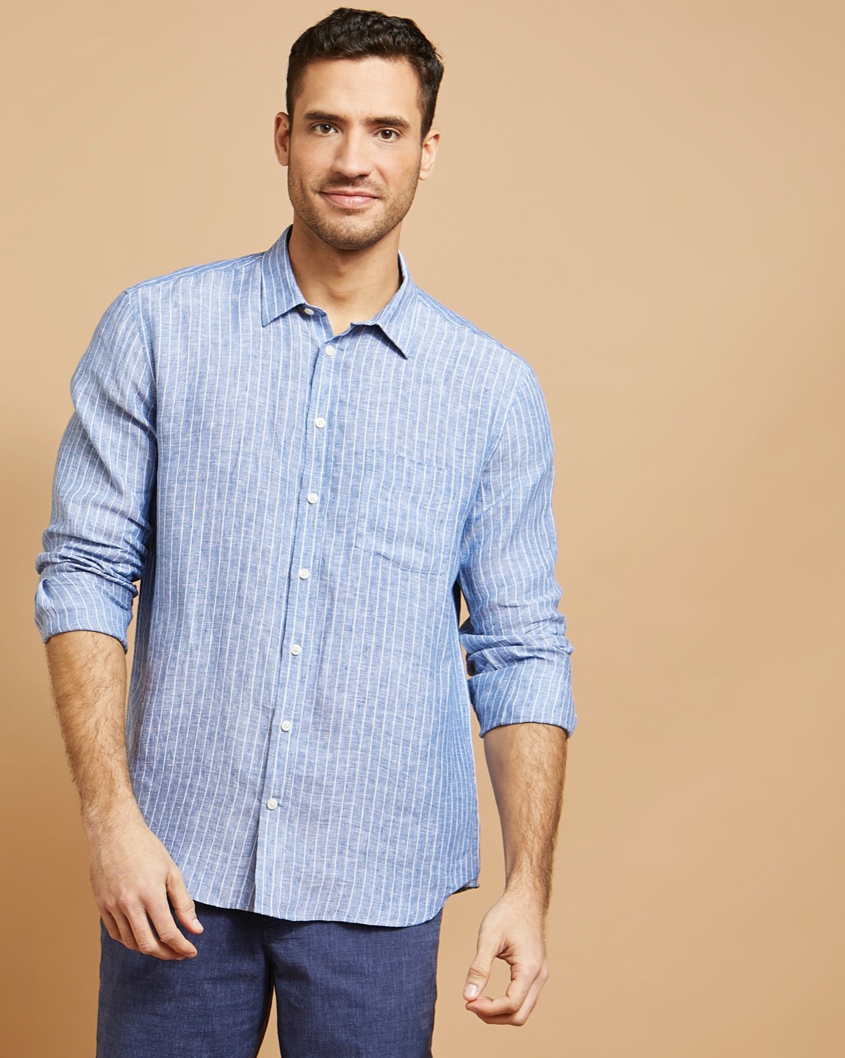 Dunnes Stores | Denim Paul Costelloe Living Long-Sleeved Linen Stripe Shirt
